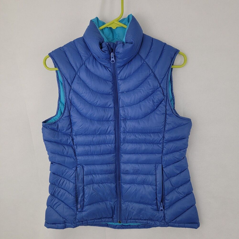 BERNARDO Womens Puffer Vest Sz SMALL Goose Down BLUE Full Zip Packable Light